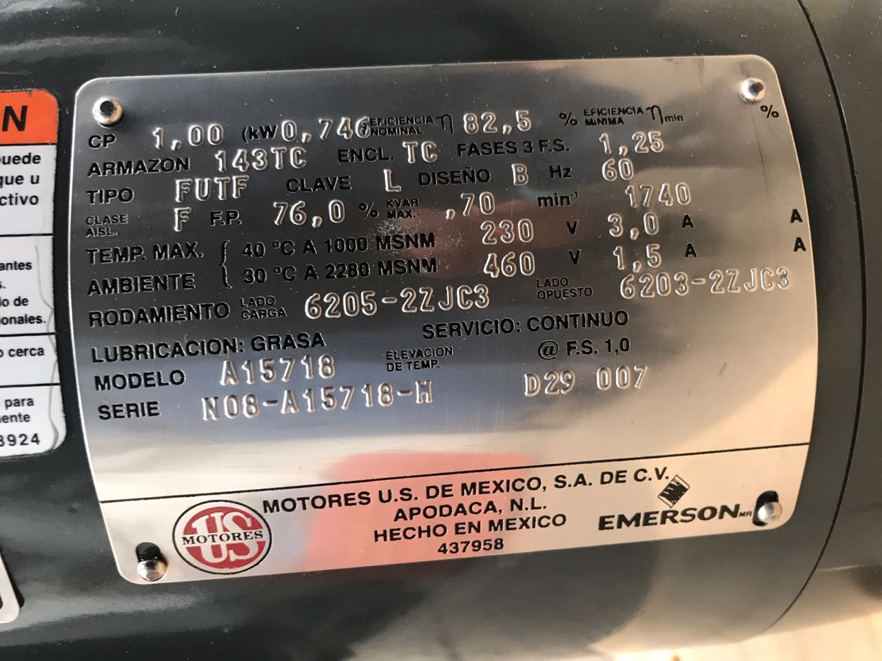 Motor de Corriente Alterna 1 HP US Motors A15718