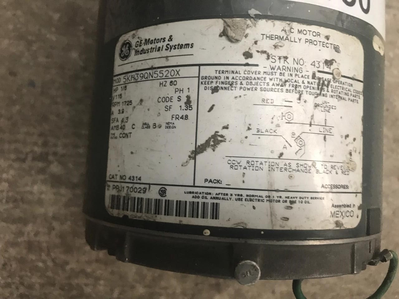 Motor de Corriente Alterna 1/8 HP General Electric 5KH39QN5520X