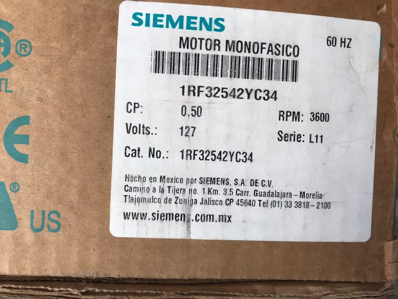 MOTOR CORRIENTE ALTERNA 1/2 HP SIEMENS 1RF3254-2YC34