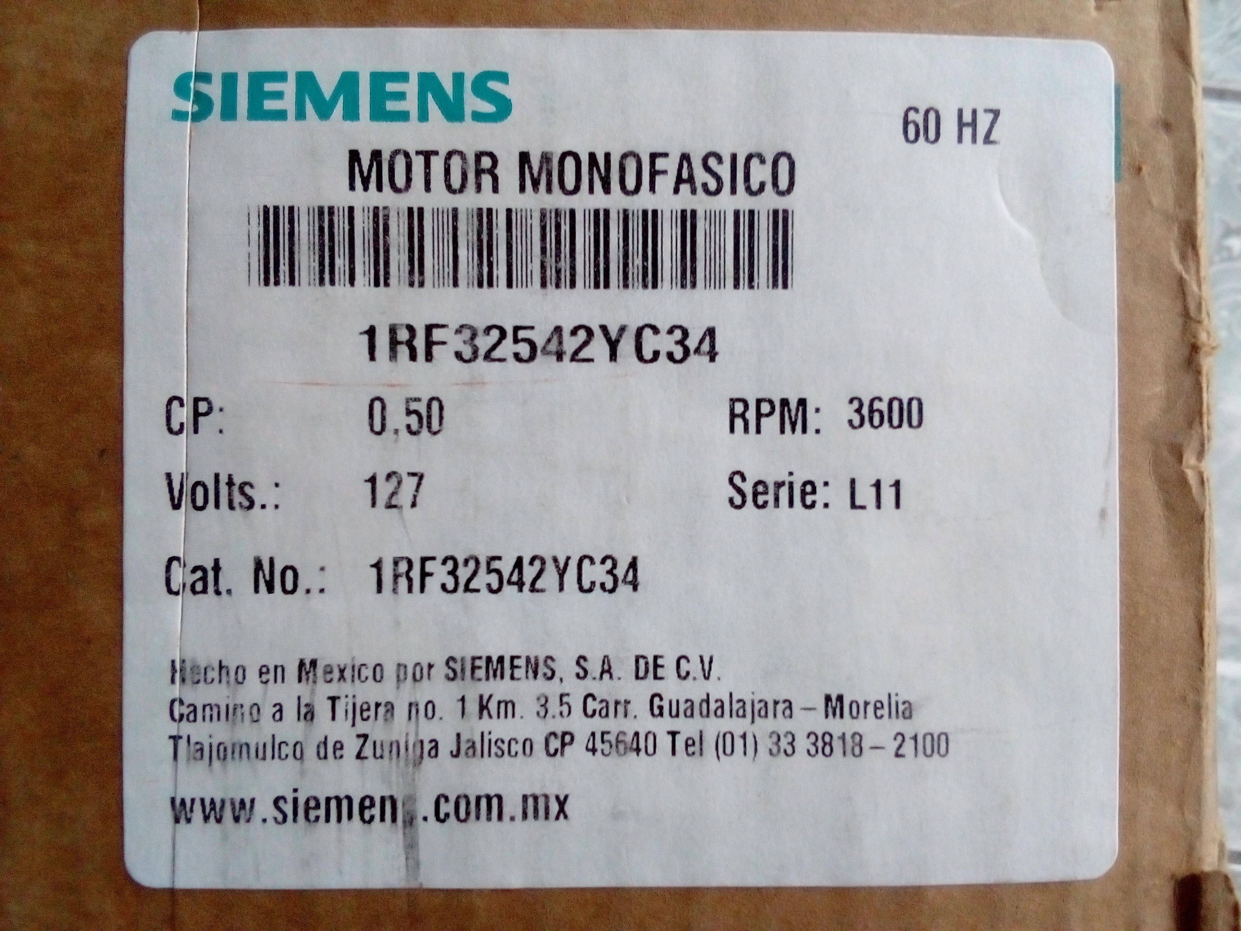 MOTOR CORRIENTE ALTERNA 1/2 HP SIEMENS 1RF3254-2YC34
