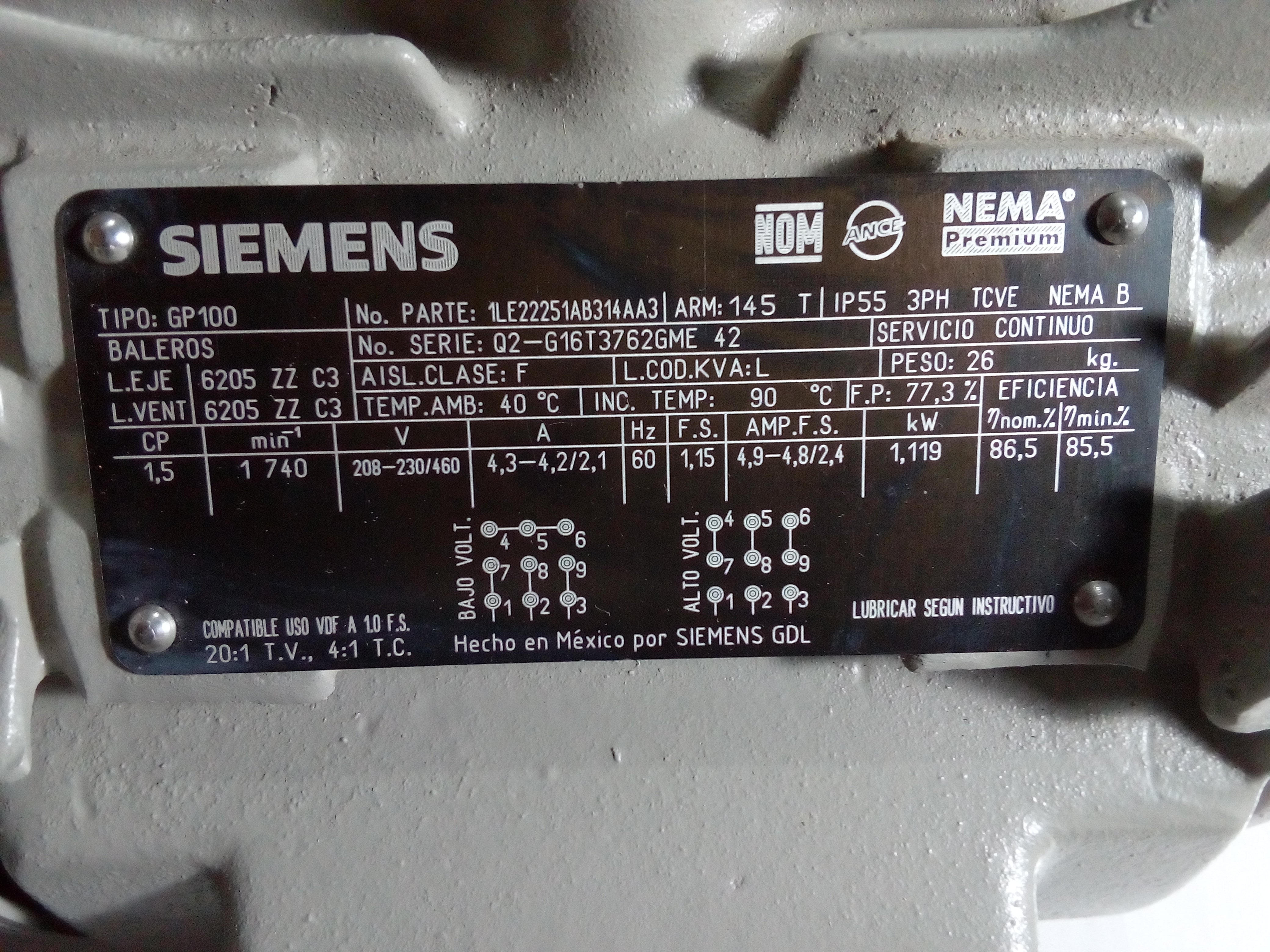 MOTOR DE CORRIENTE ALTERNA 1.5 HP SIEMENS GP100