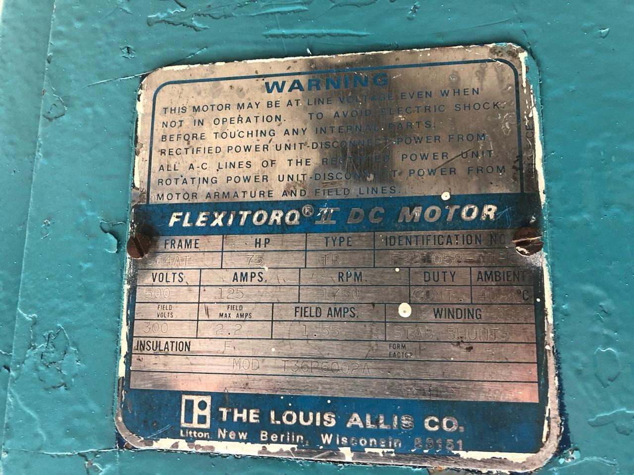 Motor de Corriente Directa 75 Hp Marca Louis Allis T36P6002A