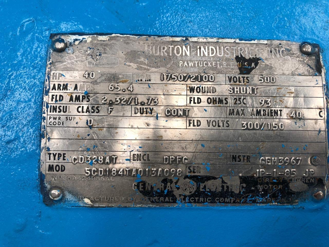 Motor de Corriente Directa 40 HP Burton Industries 5CD184TA013A098