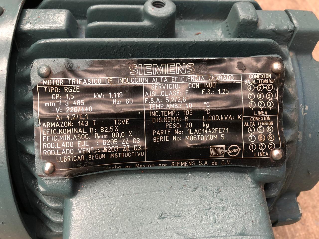 Motor de Corriente Alterna 1.5 HP Siemens RGZE MO6T0110M5