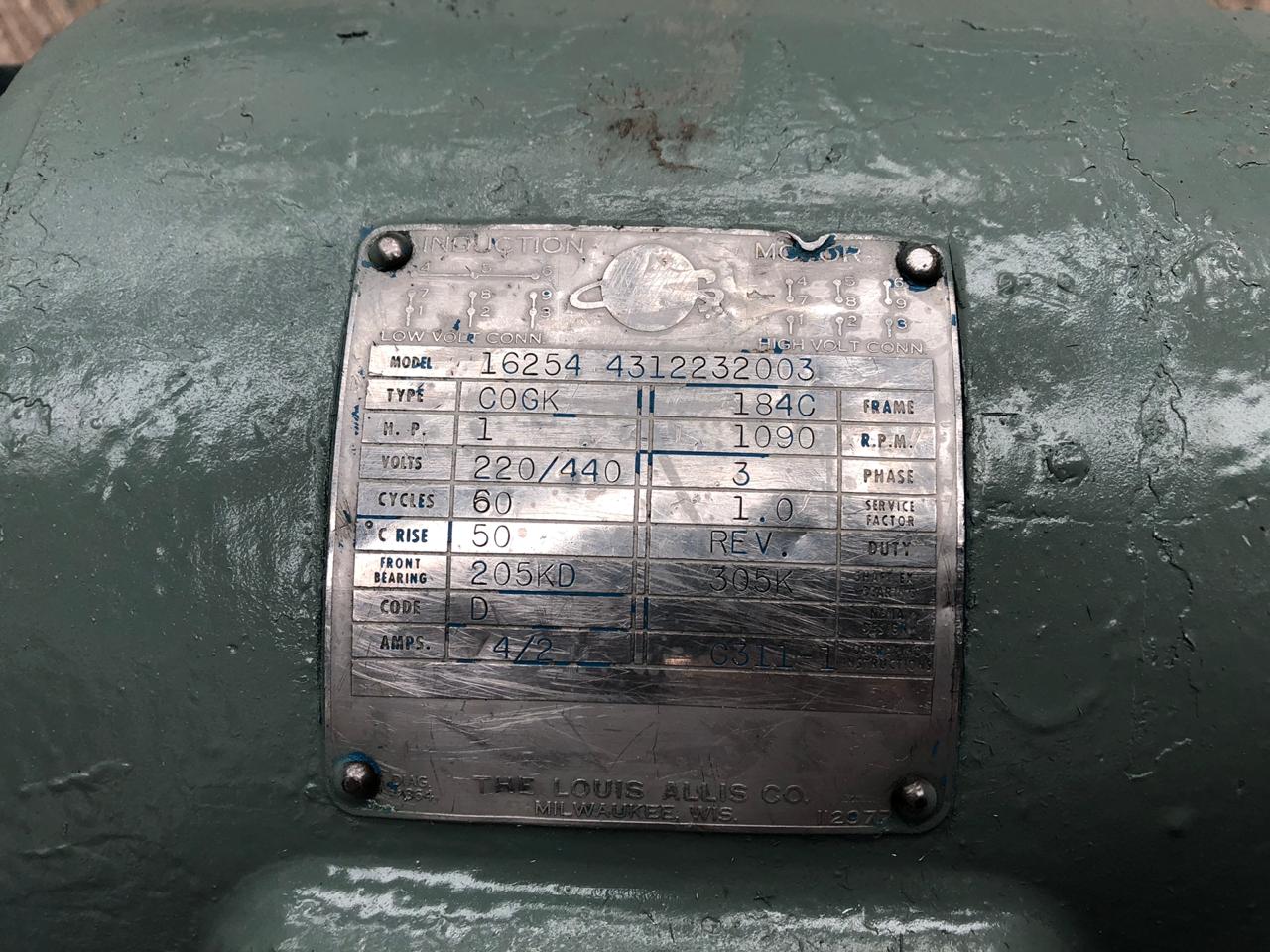 Motor de Corriente Alterna 1 HP Louis Allis COGK 16254 4312232003