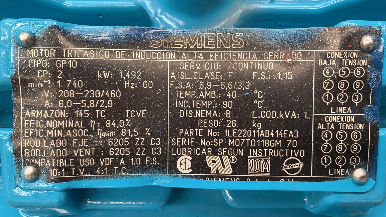 Bomba Hidráulica de Corriente Alterna 2 HP Siemens 1LE22011AB414EA3