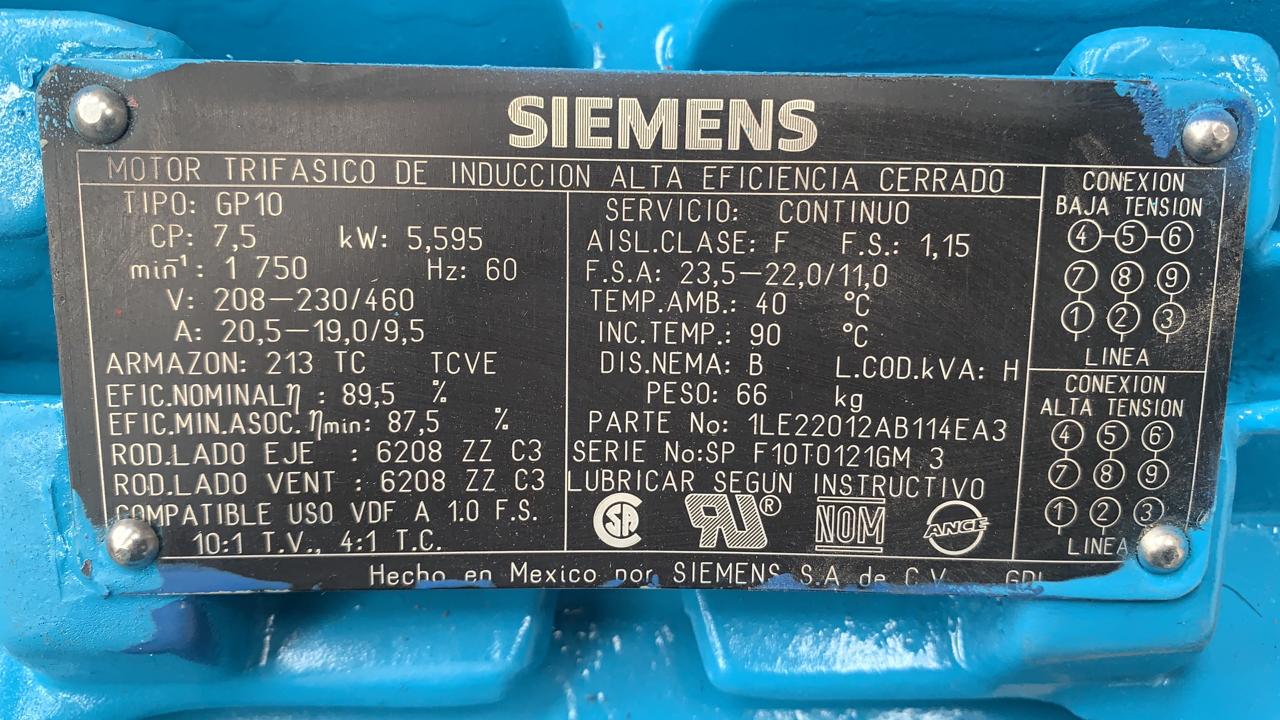 Motor de Corriente Alterna 7.5 HP Siemens 1LE22012AB114AA3