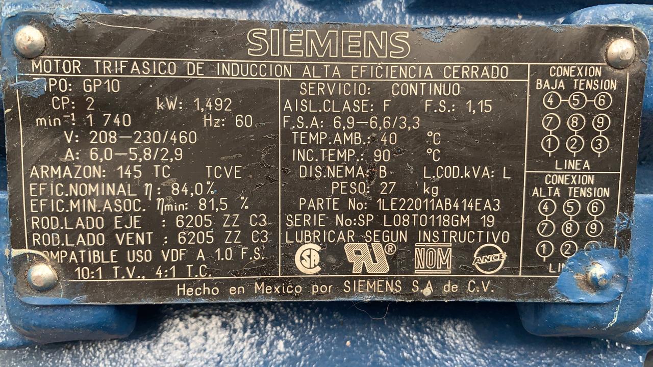 Bomba Hidráulica de Corriente Alterna 2 HP Siemens SPL8T0118GM19