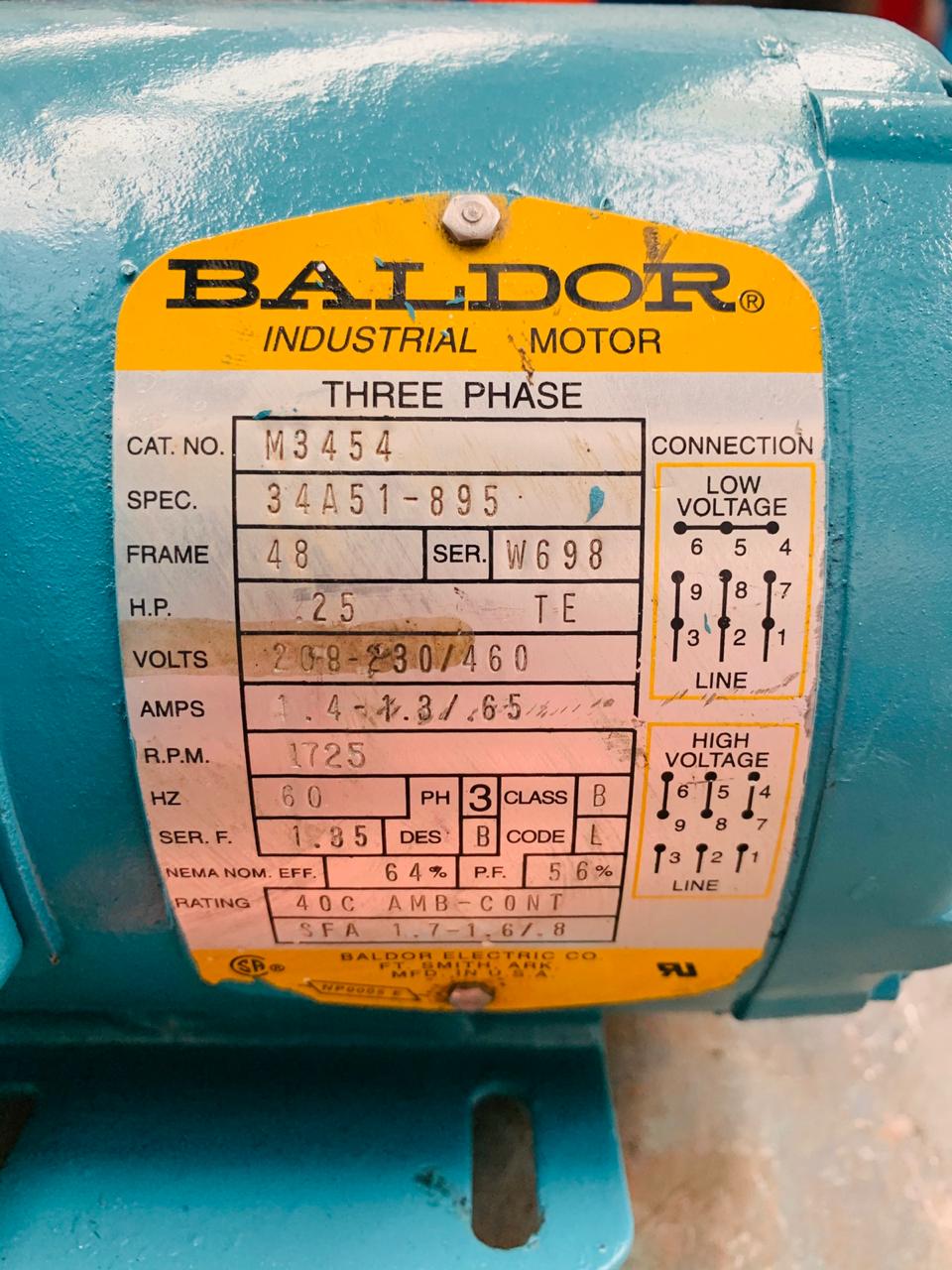 Motor de Corriente Alterna 0.25 HP Baldor M3454