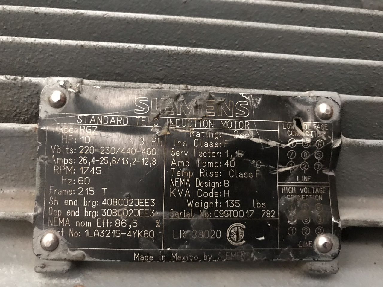 Motor de Corriente Alterna 10 HP Siemens 1LA3215-AYK60