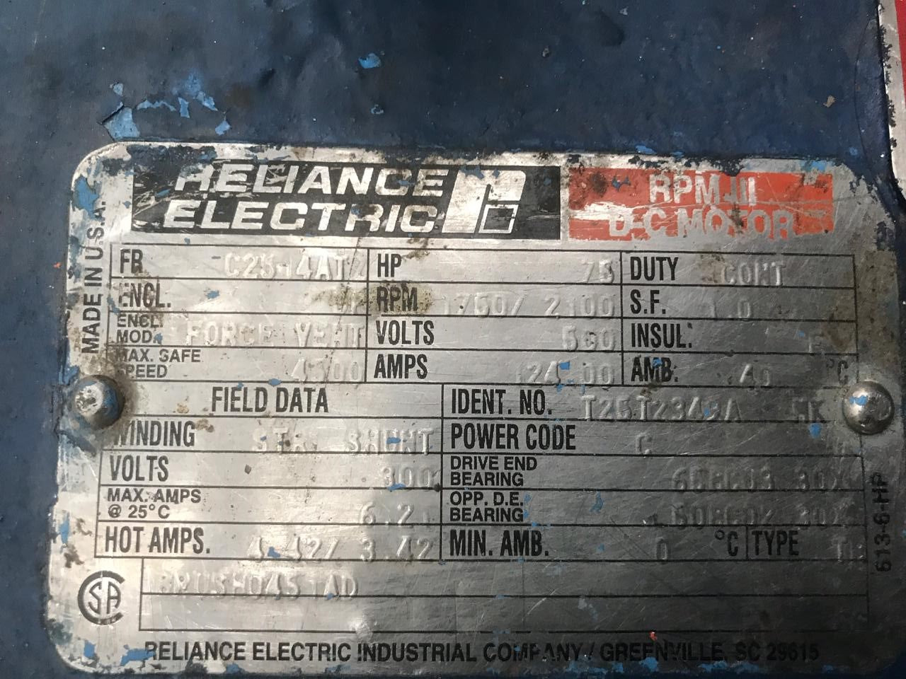 Motor de Corriente Directa 75 HP Reliance Electric T25T2349A