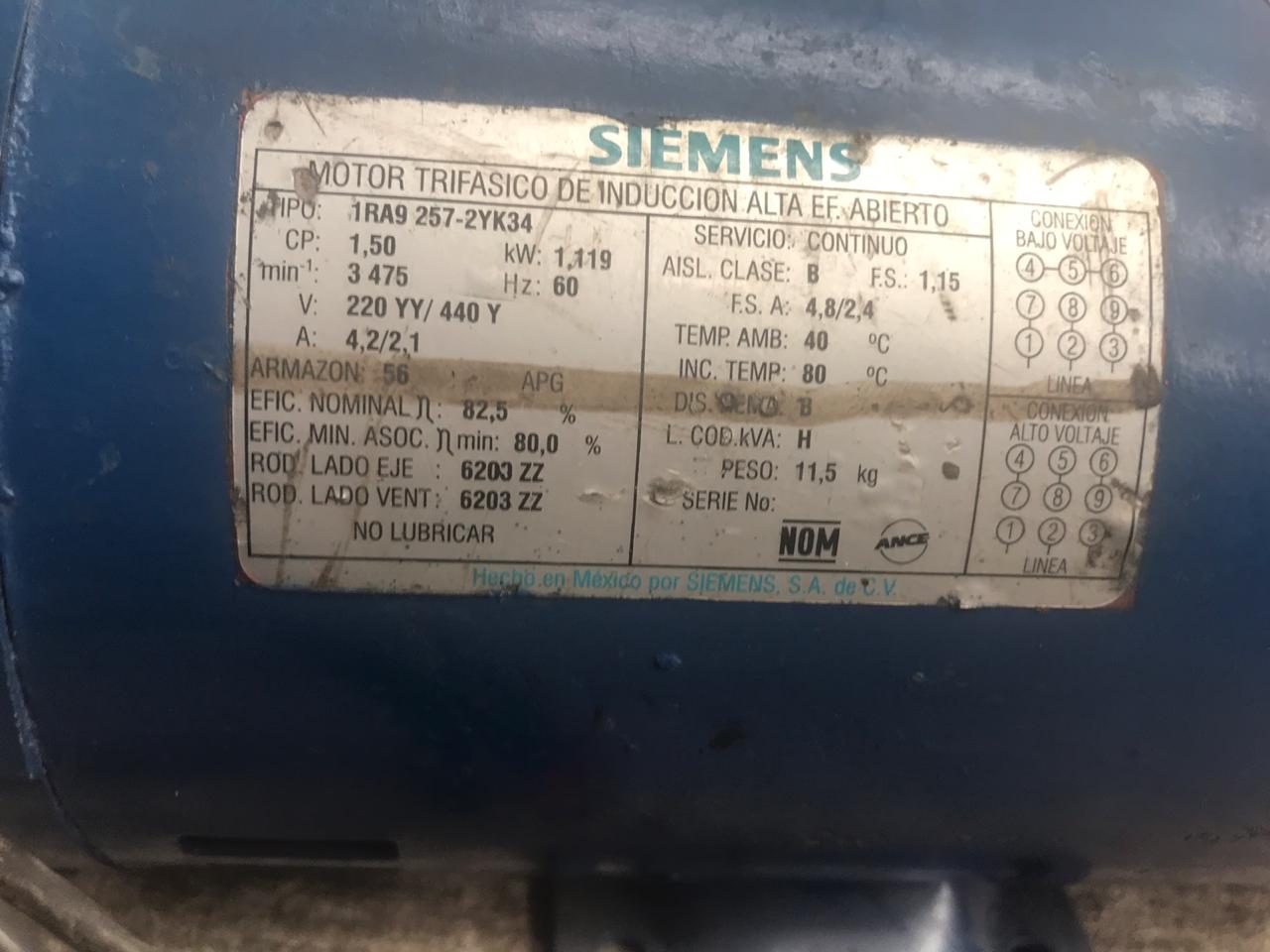 Bomba de Corriente Alterna 1.5 HP Siemens 1RA9 257-2YK34