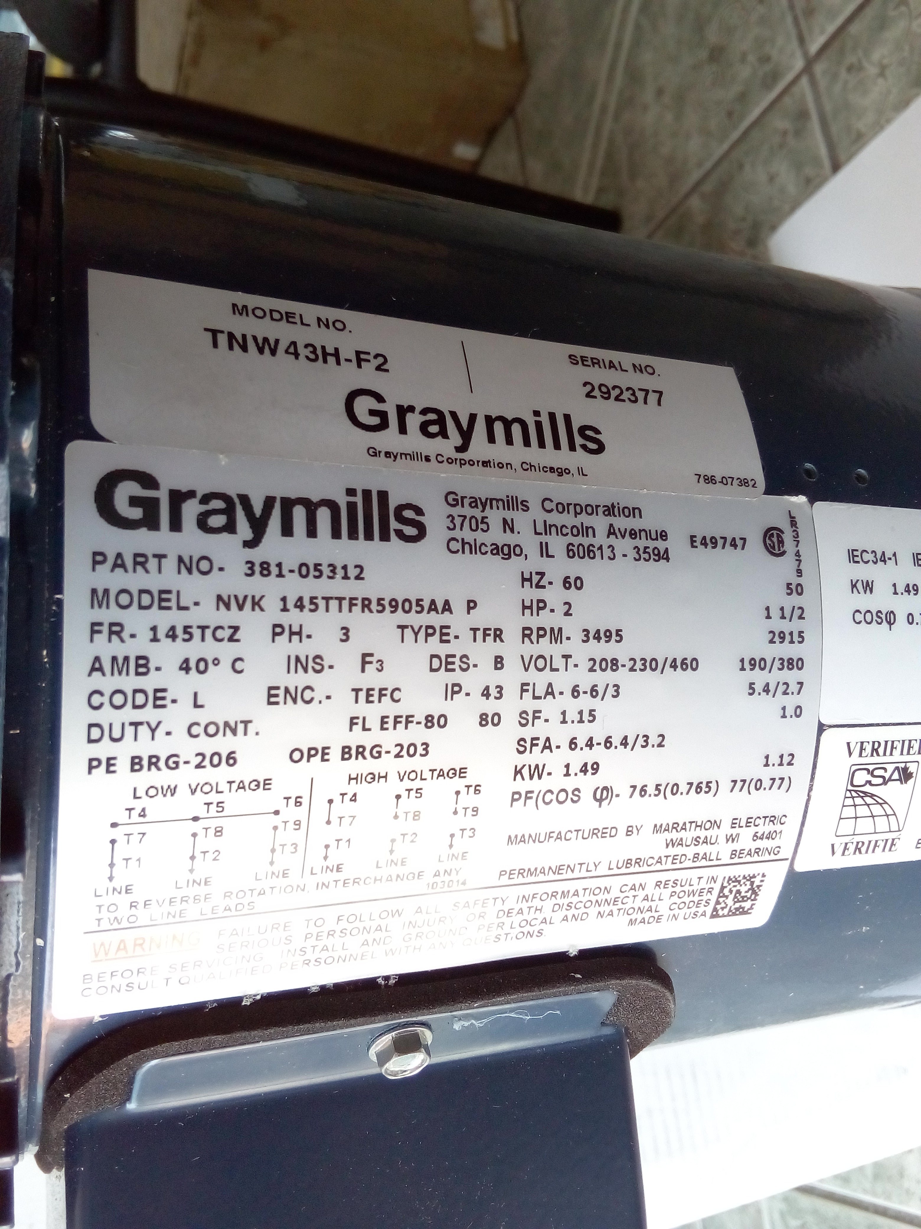 Bomba de Corriente Alterna 2 HP Graymills TNW43H-F2