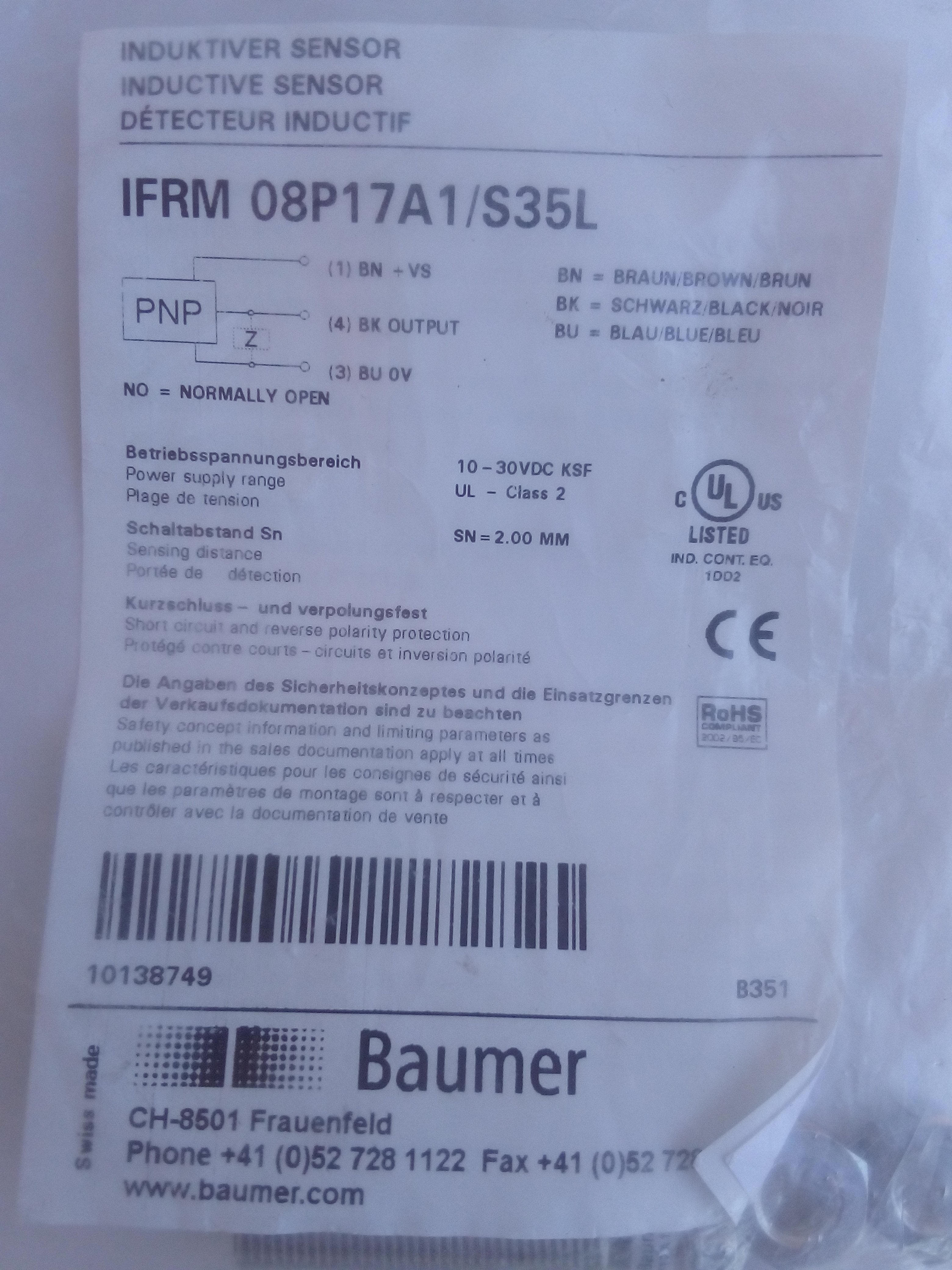Sensor de Proximidad Baumer IFRM 08P17A1/S35L
