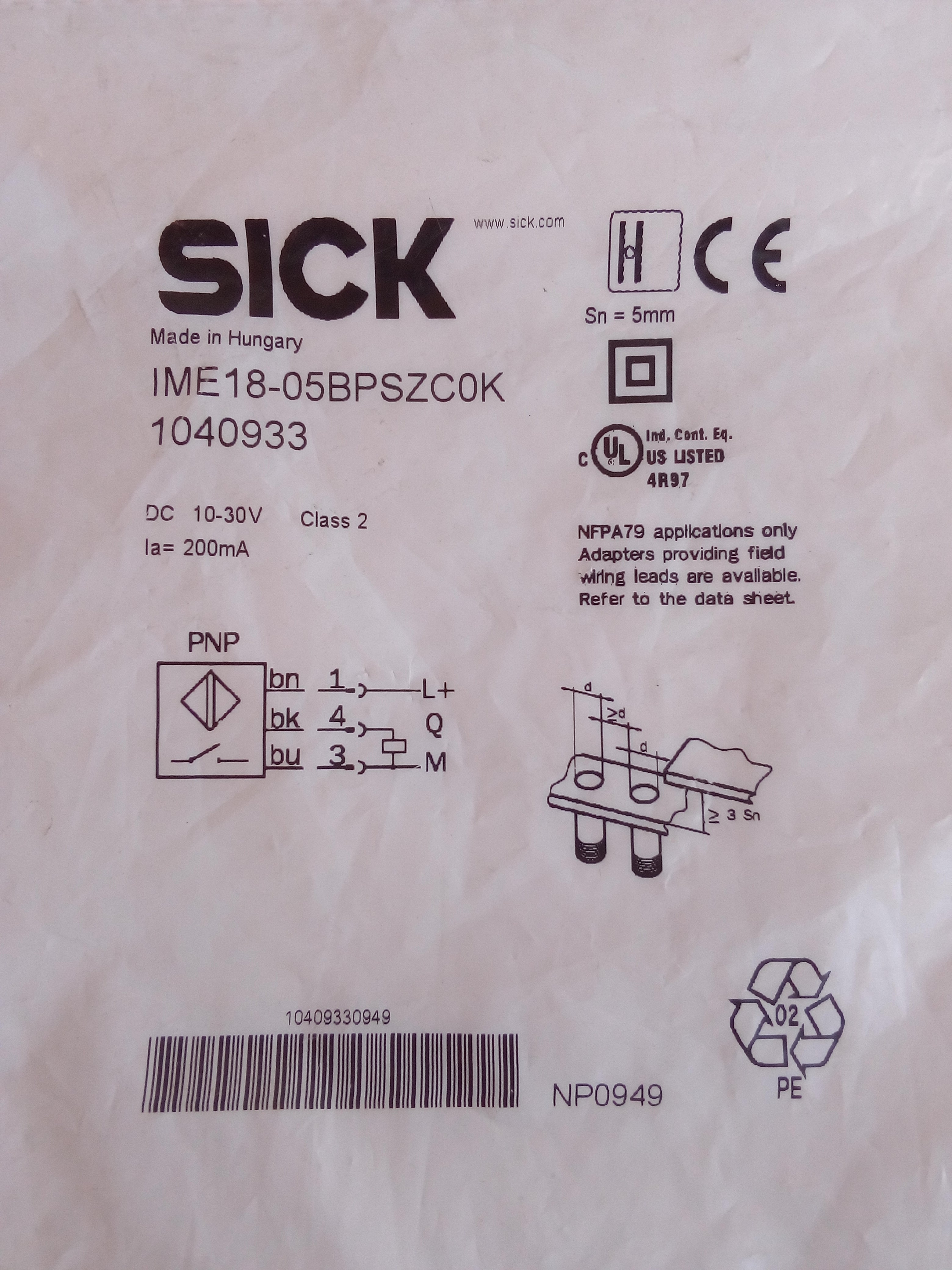 Sensor de Proximidad Inductivo Sick IME18-05BPSZC0K