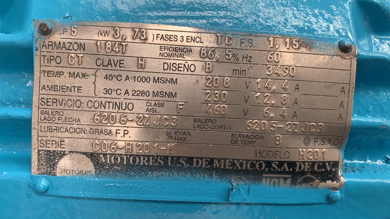 Motor de Corriente Alterna 5 HP Motores U.S. De Mexico H201