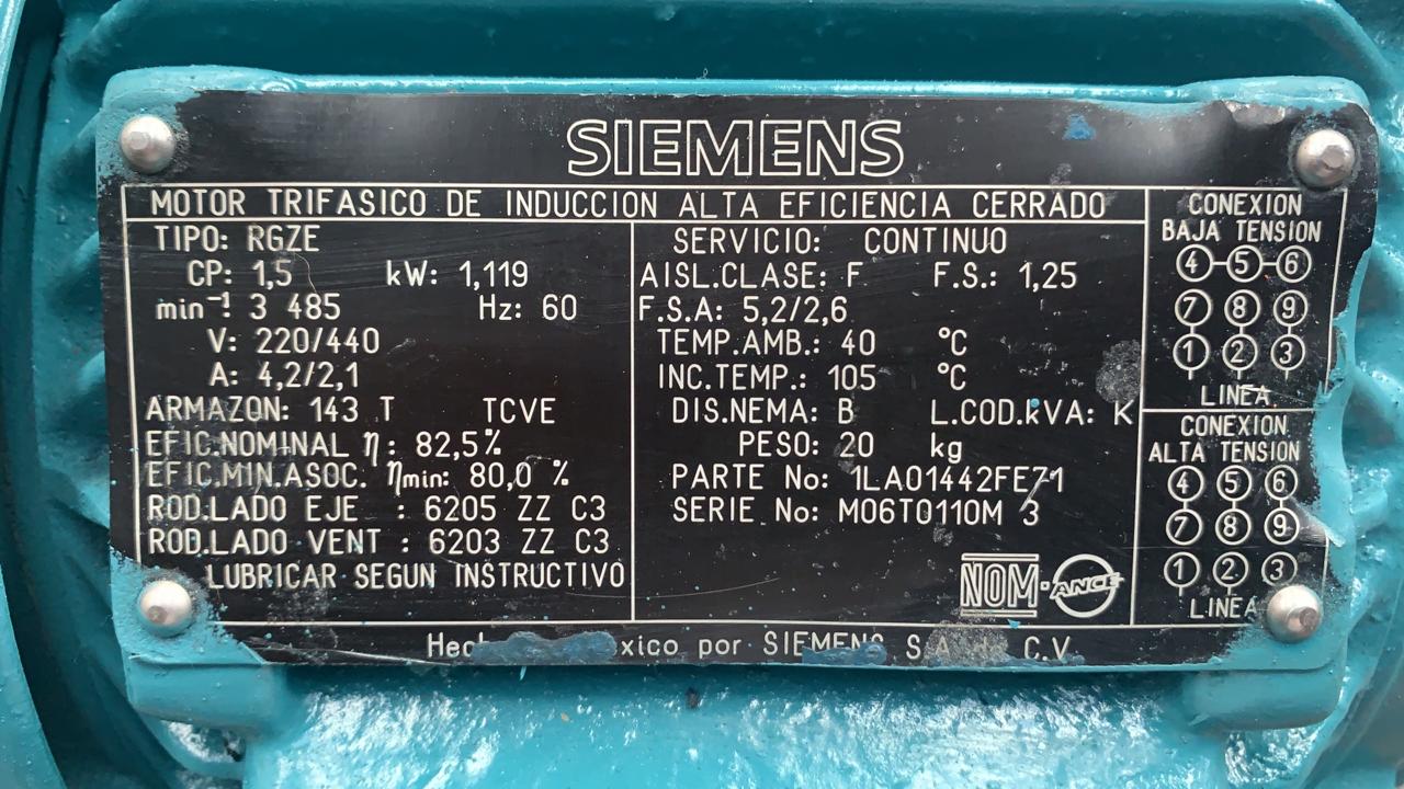 Motor de Corriente Alterna 1.5 HP Siemens 1LA01442FE71